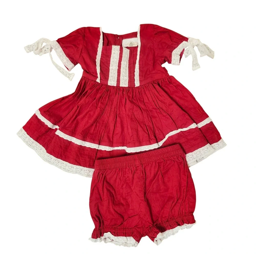Well Dressed Wolf Girls Red Lawn Party Holiday Tunic Bloomer Set Cotton Xmas 3T